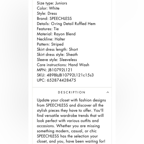 NWT, Speechless, White/Navy Striped Tie Smocked O-ring, Ruffled Hem Halter Dress - Picture 5 of 5